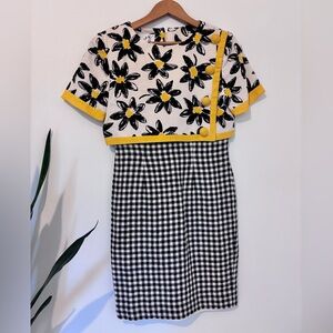 Vintage Scaasi Black and White Gingham Daisy Dress with Yellow Trim Size 6